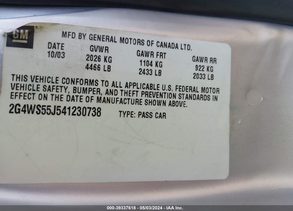 2004 BUICK CENTURY VIN: 2G4WS55J541230738
