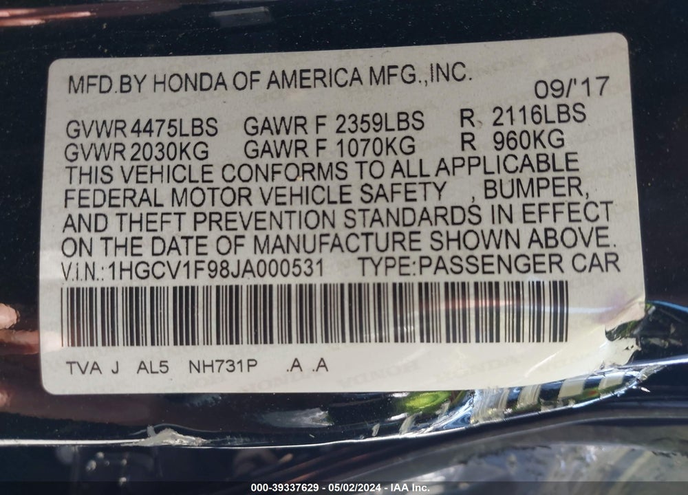 2018 HONDA ACCORD TOURING VIN: 1HGCV1F98JA000531
