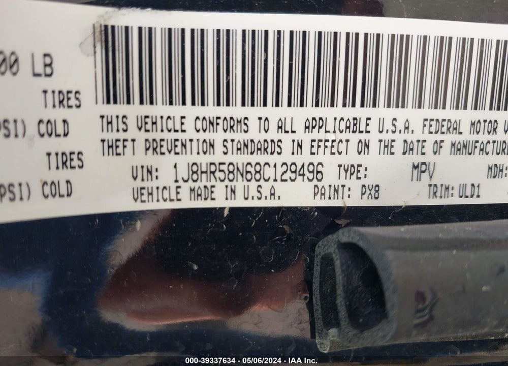 2008 JEEP GRAND CHEROKEE VIN: 1J8HR58N68C129496