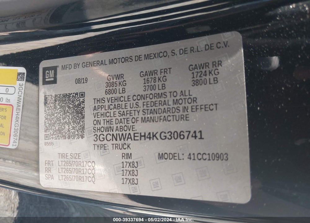 2019 CHEVROLET SILVERADO 1500 WORK TRUCK VIN: 3GCNWAEH4KG306741