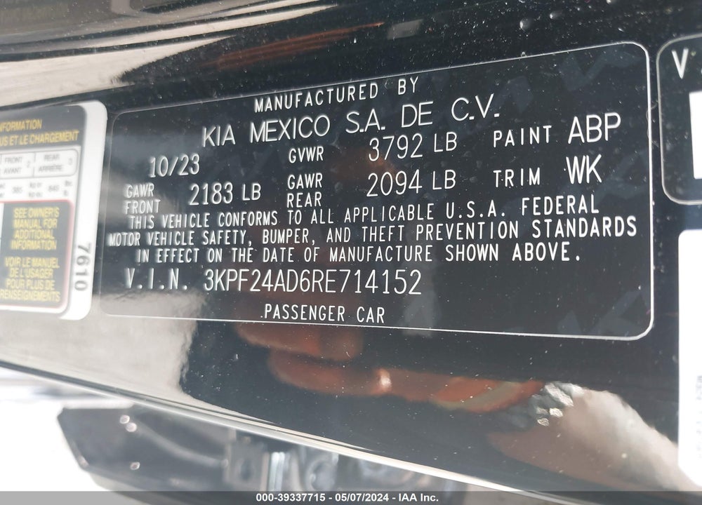 2024 KIA FORTE LXS VIN: 3KPF24AD6RE714152