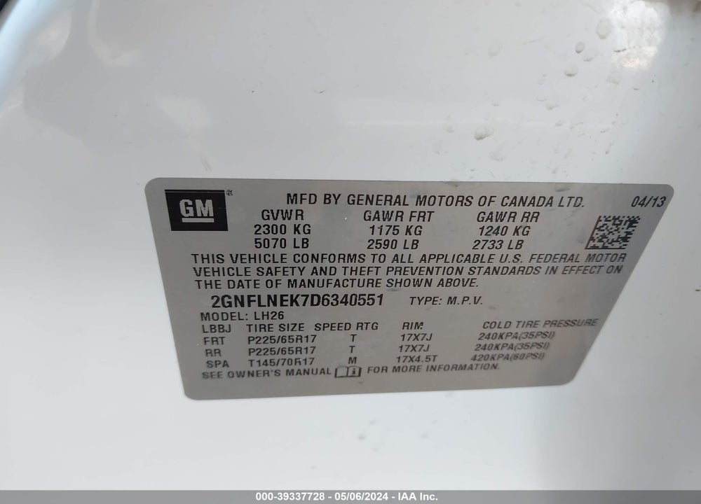2013 CHEVROLET EQUINOX 2LT VIN: 2GNFLNEK7D6340551