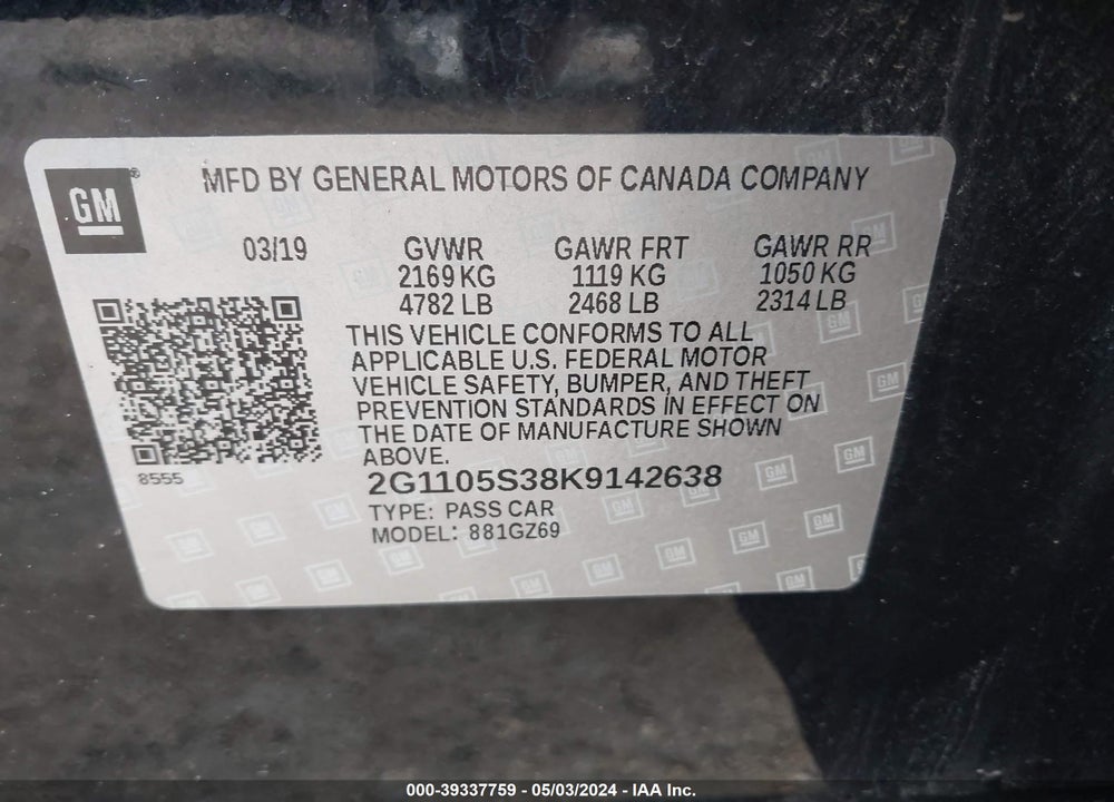 2019 CHEVROLET IMPALA PREMIER VIN: 2G1105S38K9142638