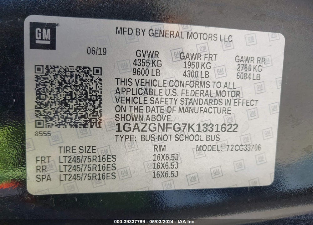 2019 CHEVROLET EXPRESS 3500 LS VIN: 1GAZGNFG7K1331622