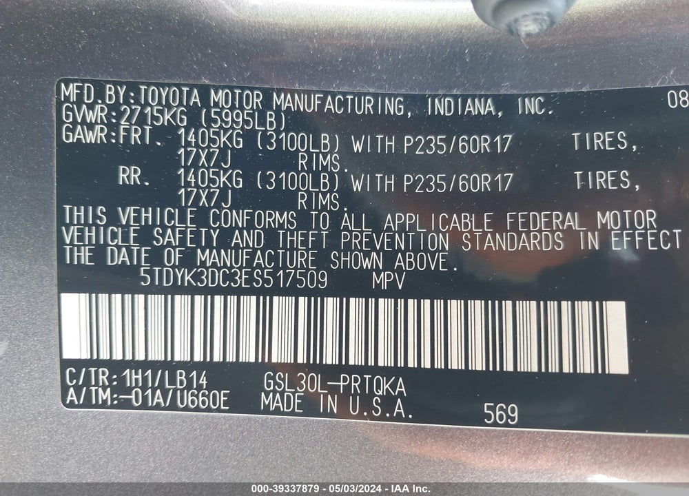 2014 TOYOTA SIENNA XLE V6 8 PASSENGER VIN: 5TDYK3DC3ES517509
