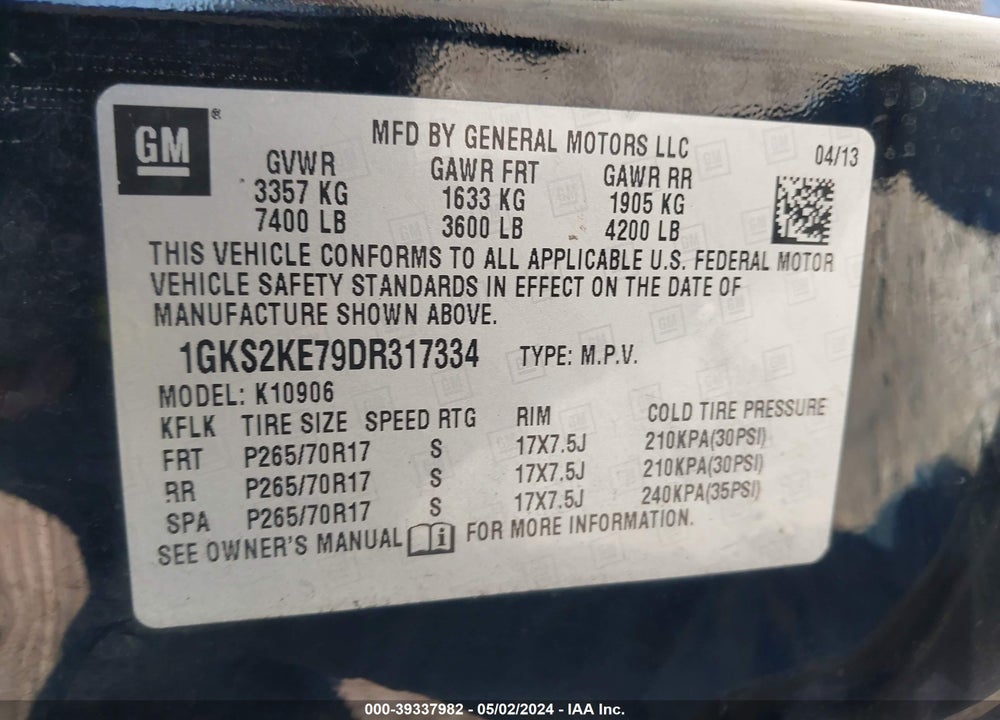 2013 GMC YUKON XL 1500 SLT VIN: 1GKS2KE79DR317334
