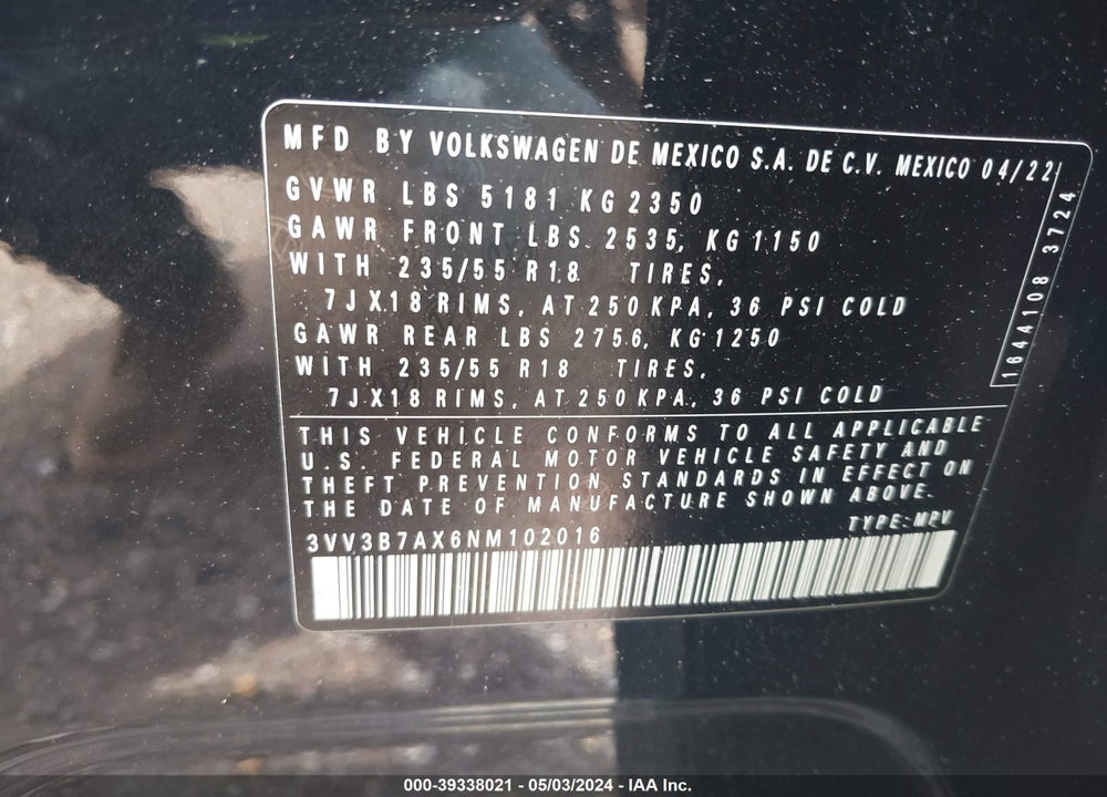 2022 VOLKSWAGEN TIGUAN 2.0T SE VIN: 3VV3B7AX6NM102016
