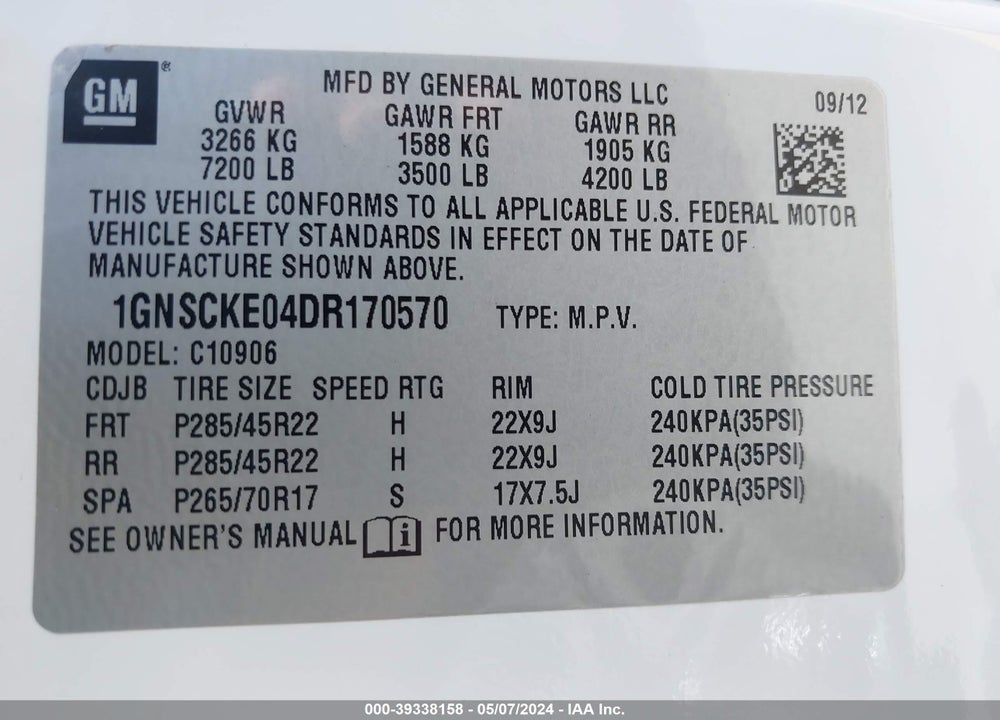 2013 CHEVROLET SUBURBAN 1500 LTZ VIN: 1GNSCKE04DR170570