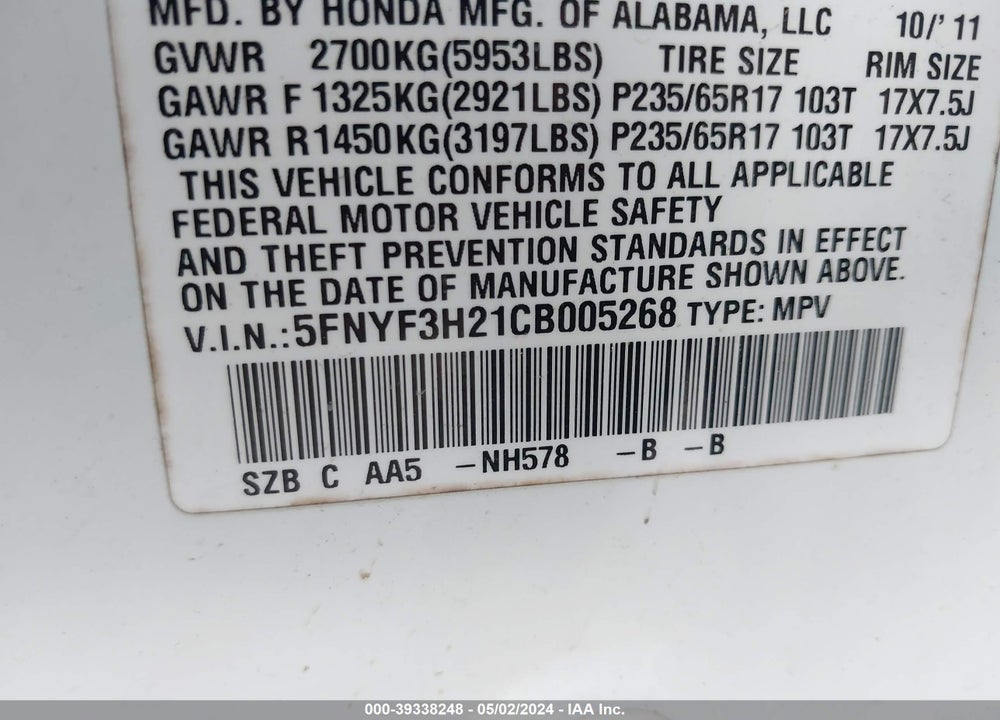 2012 HONDA PILOT LX VIN: 5FNYF3H21CB005268