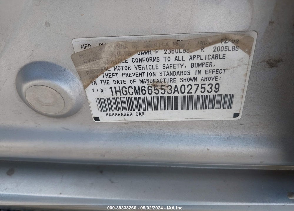 2003 HONDA ACCORD 3.0 EX VIN: 1HGCM66553A027539