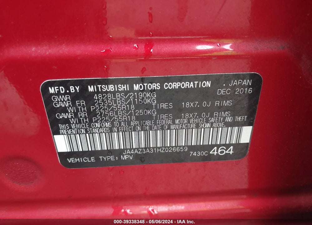 2017 MITSUBISHI OUTLANDER SE VIN: JA4AZ3A31HZ026659