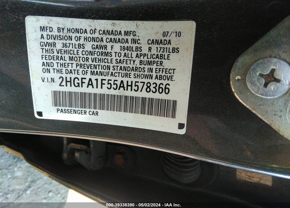 2010 HONDA CIVIC LX VIN: 2HGFA1F55AH578366