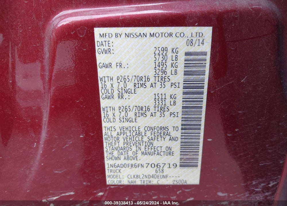 2015 NISSAN FRONTIER SV VIN: 1N6AD0FR6FN706719