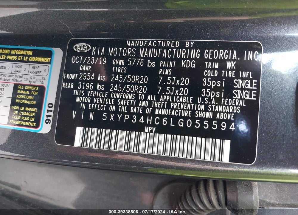 2020 KIA TELLURIDE EX VIN: 5XYP34HC6LG055594