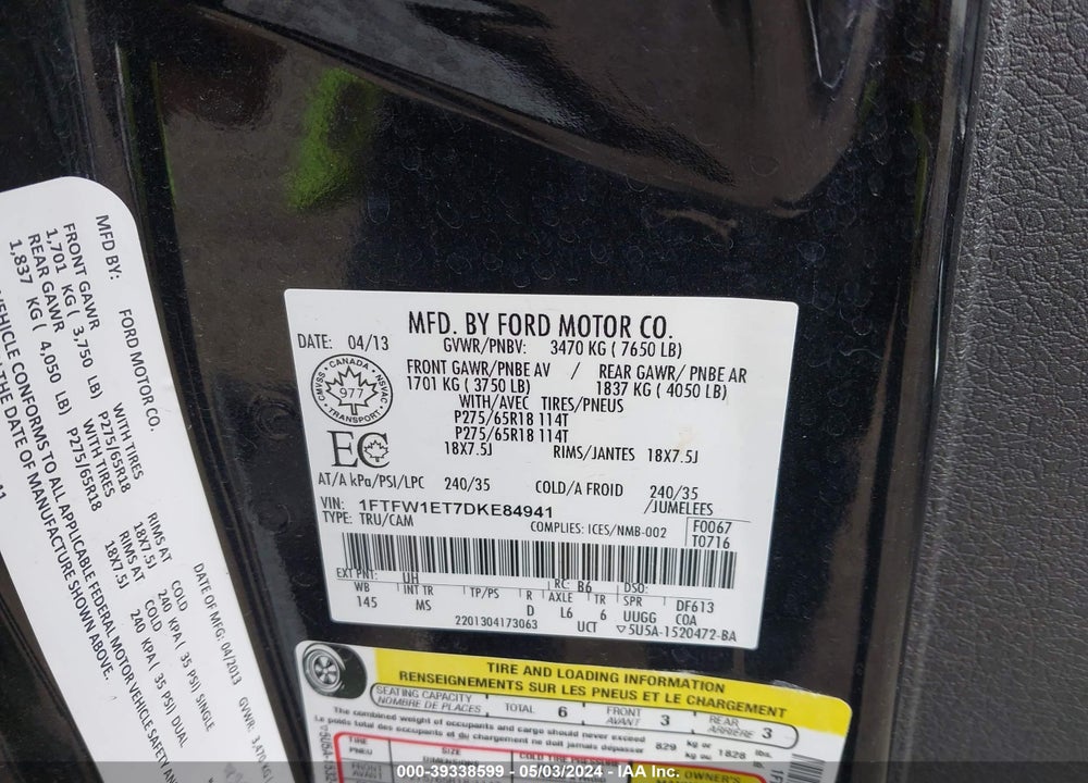 2013 FORD F-150 XLT VIN: 1FTFW1ET7DKE84941