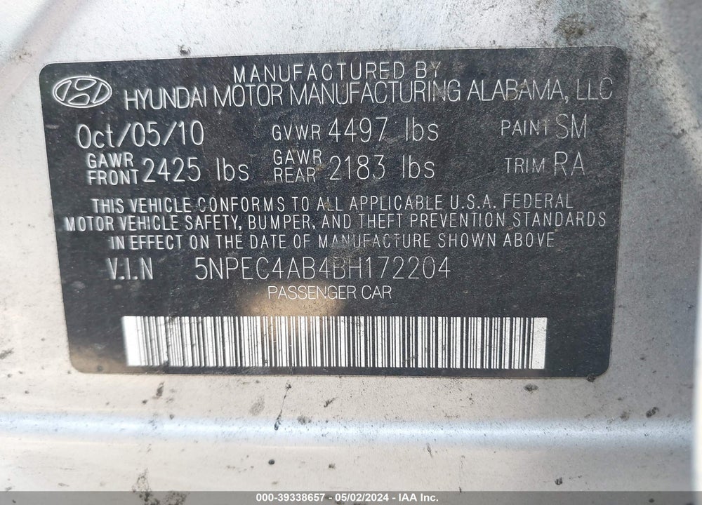 2011 HYUNDAI SONATA LIMITED 2.0T VIN: 5NPEC4AB4BH172204