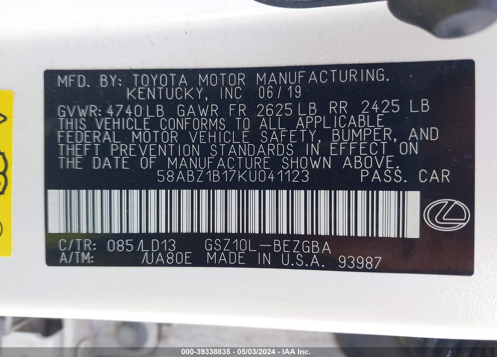 2019 LEXUS ES 350 VIN: 58ABZ1B17KU041123
