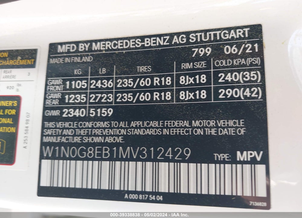 2021 MERCEDES-BENZ GLC 300 4MATIC SUV VIN: W1N0G8EB1MV312429