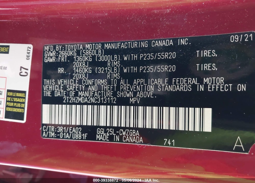 2022 LEXUS RX 350 VIN: 2T2HZMDA2NC313112