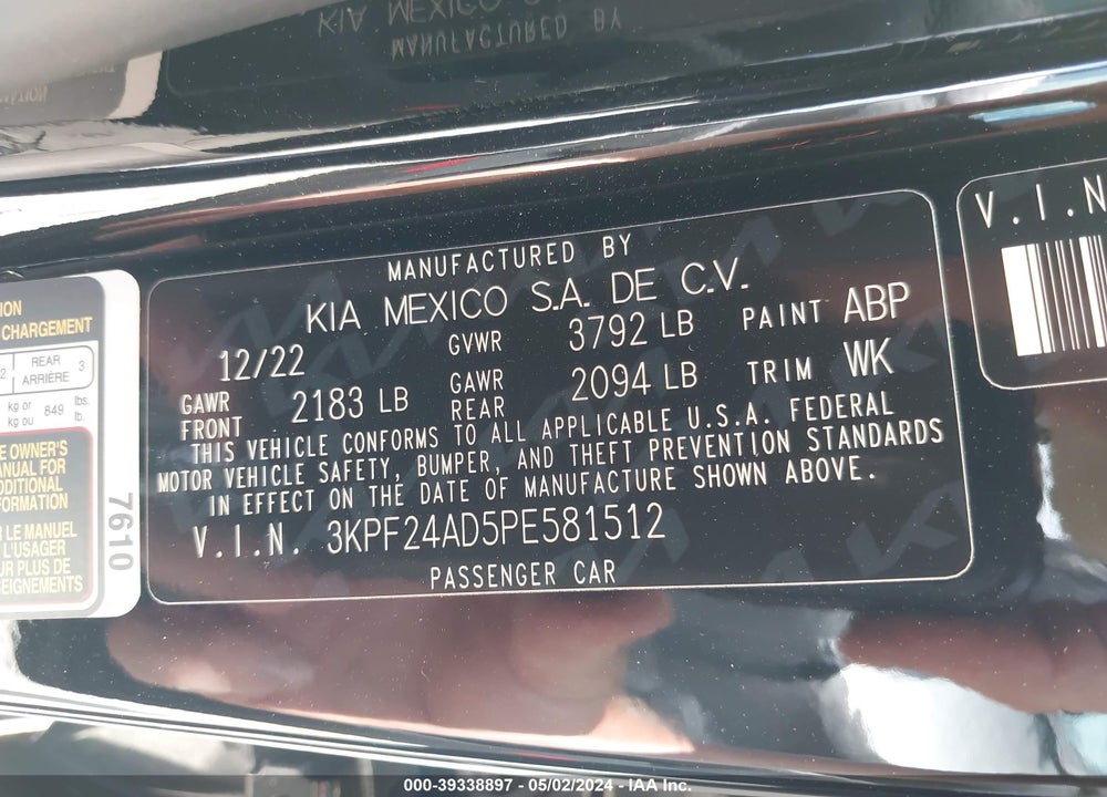 2023 KIA FORTE LXS VIN: 3KPF24AD5PE581512