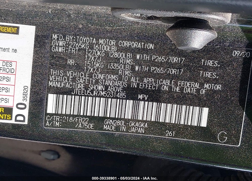 2021 TOYOTA 4RUNNER SR5 VIN: JTEEU5JR7M5231485