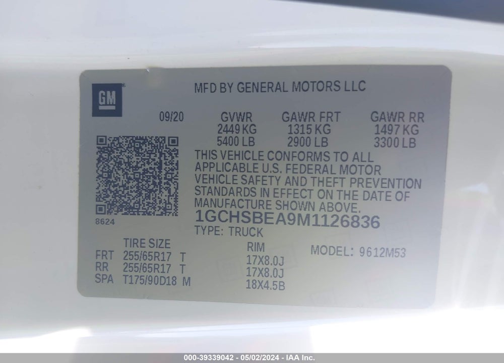 2021 CHEVROLET COLORADO 2WD LONG BOX WT VIN: 1GCHSBEA9M1126836