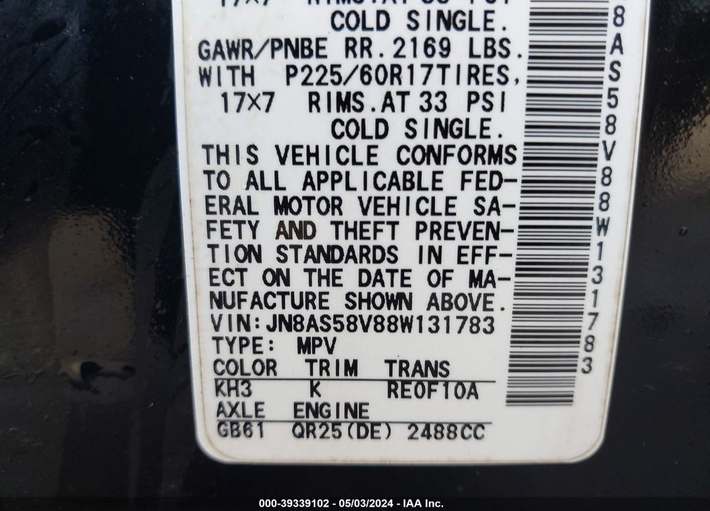 2008 NISSAN ROGUE SL VIN: JN8AS58V88W131783