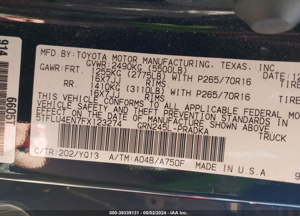 2015 TOYOTA TACOMA TRD PRO VIN: 5TFLU4EN7FX123274