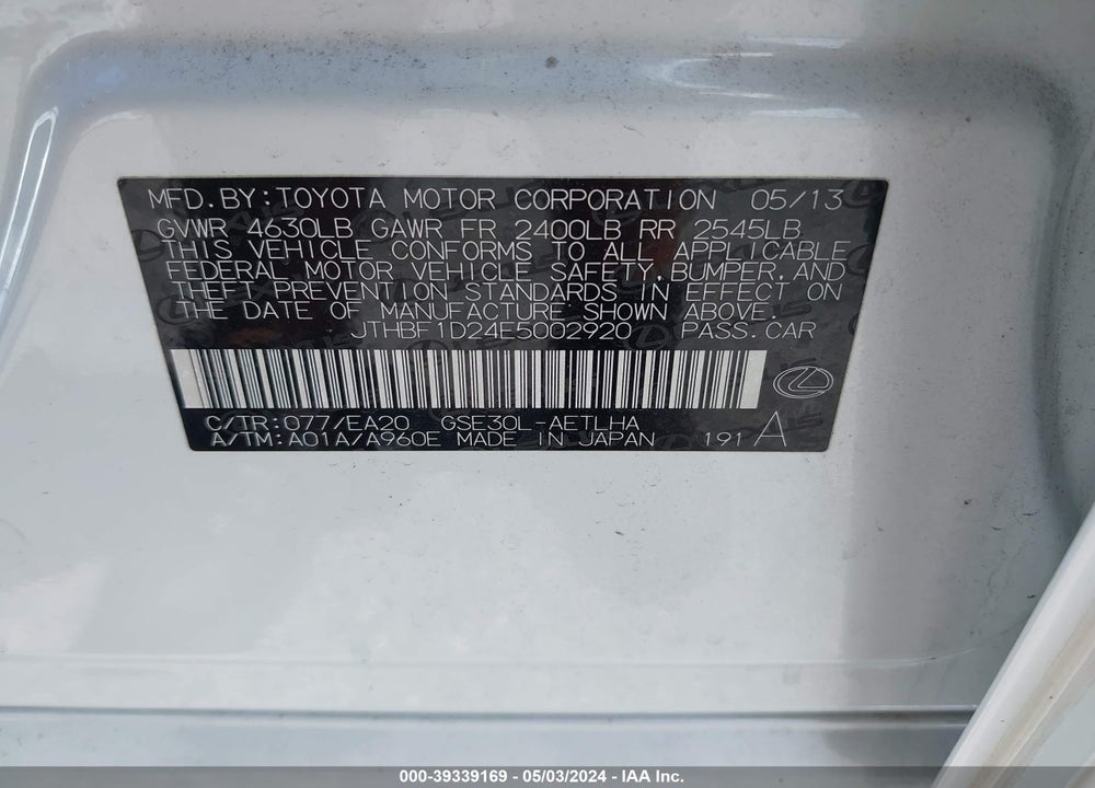 2014 LEXUS IS 250 VIN: JTHBF1D24E5002920