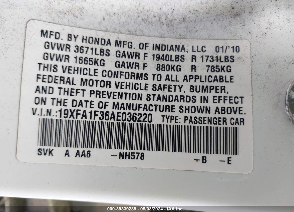 2010 HONDA CIVIC VP VIN: 19XFA1F36AE036220