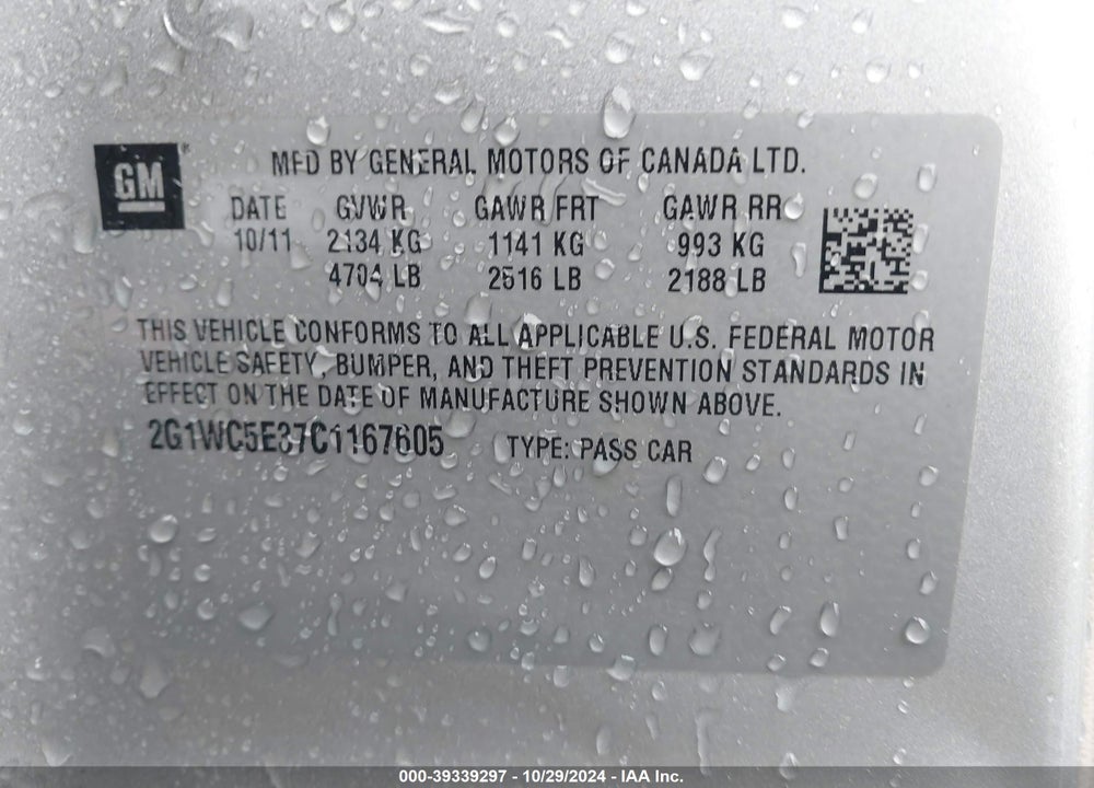 2012 CHEVROLET IMPALA LTZ VIN: 2G1WC5E37C1167605