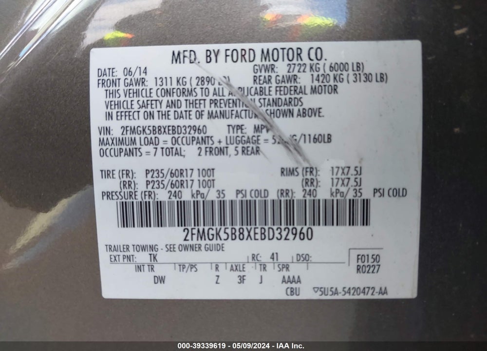 2014 FORD FLEX SE VIN: 2FMGK5B8XEBD32960
