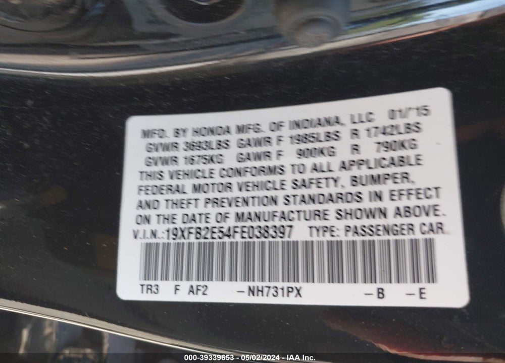 2015 HONDA CIVIC LX VIN: 19XFB2E54FE038397