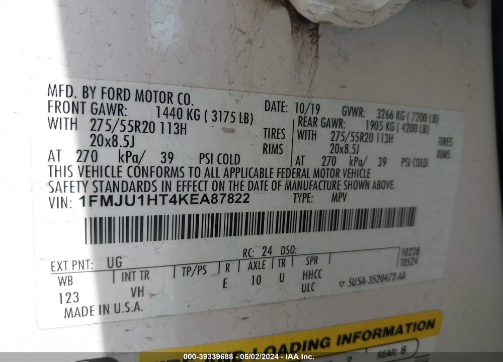 2019 FORD EXPEDITION XLT VIN: 1FMJU1HT4KEA87822