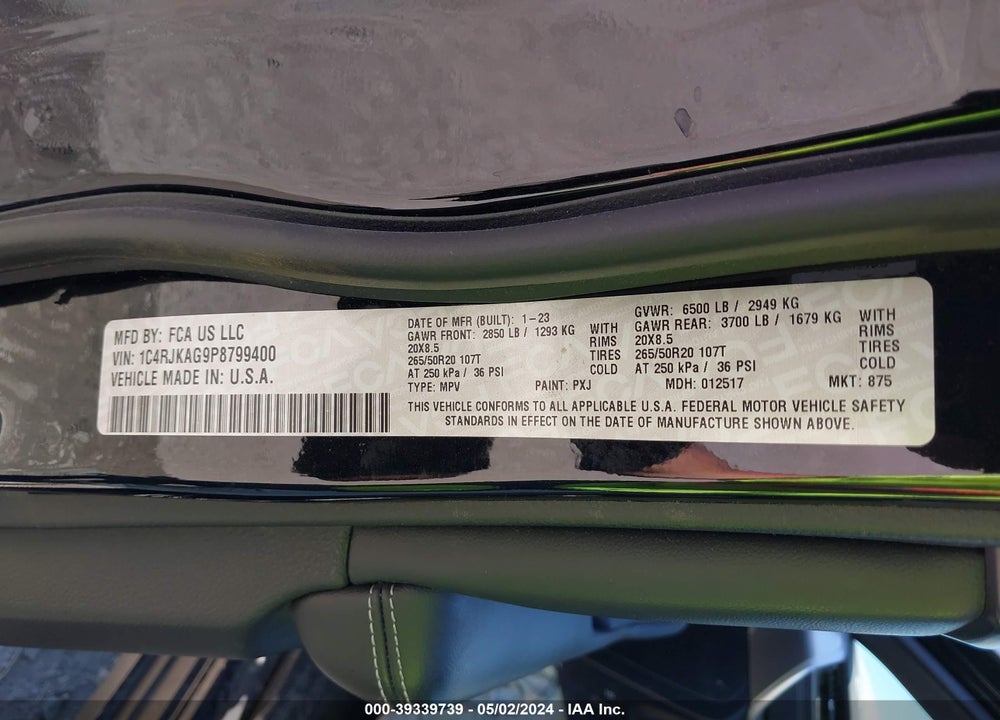 2023 JEEP GRAND CHEROKEE L ALTITUDE 4X4 VIN: 1C4RJKAG9P8799400