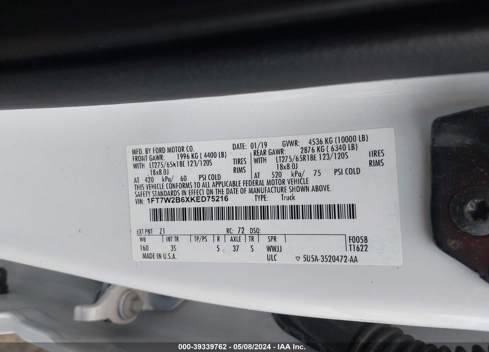 2019 FORD F-250 XLT VIN: 1FT7W2B6XKED75216