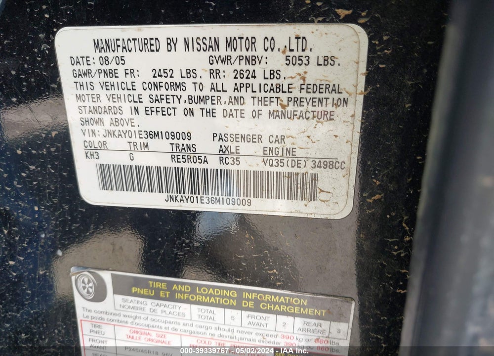 2006 INFINITI M35 VIN: JNKAY01E36M109009