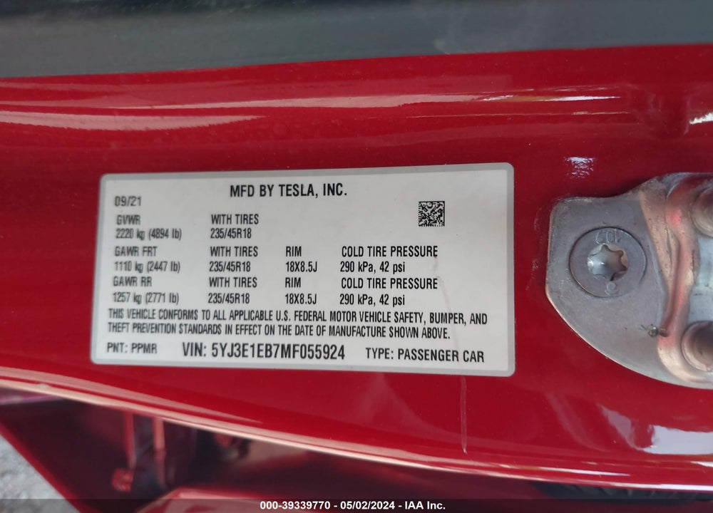 2021 TESLA MODEL 3 LONG RANGE DUAL MOTOR ALL-WHEEL DRIVE VIN: 5YJ3E1EB7MF055924