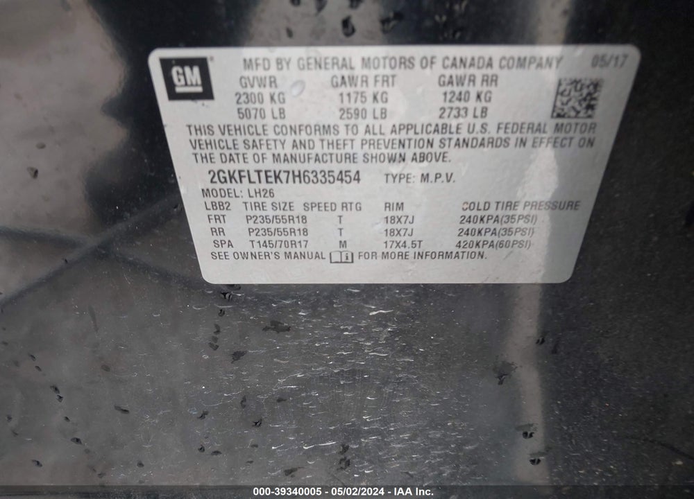 2017 GMC TERRAIN SLE-2 VIN: 2GKFLTEK7H6335454