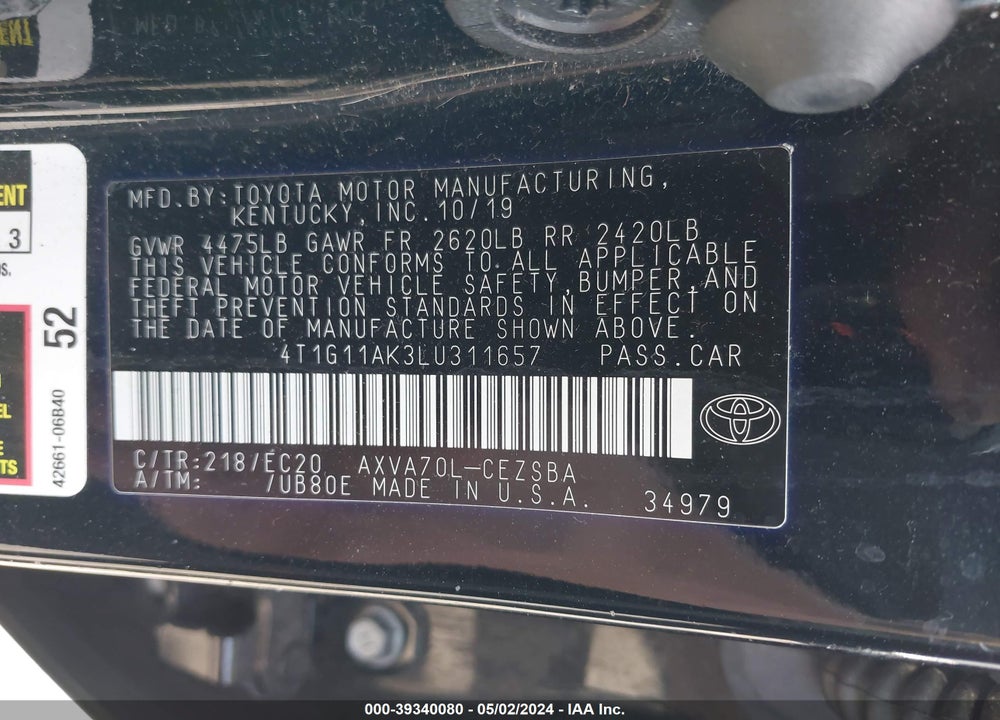 2020 TOYOTA CAMRY SE NIGHTSHADE EDITION VIN: 4T1G11AK3LU311657