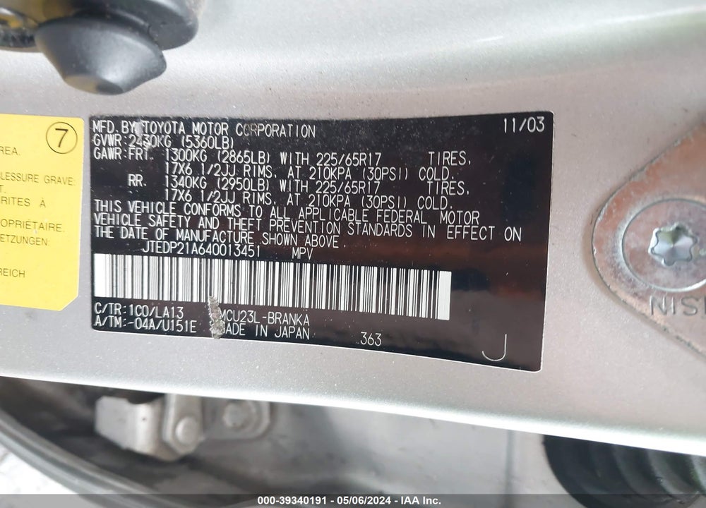 2004 TOYOTA HIGHLANDER LIMITED V6 VIN: JTEDP21A640013451