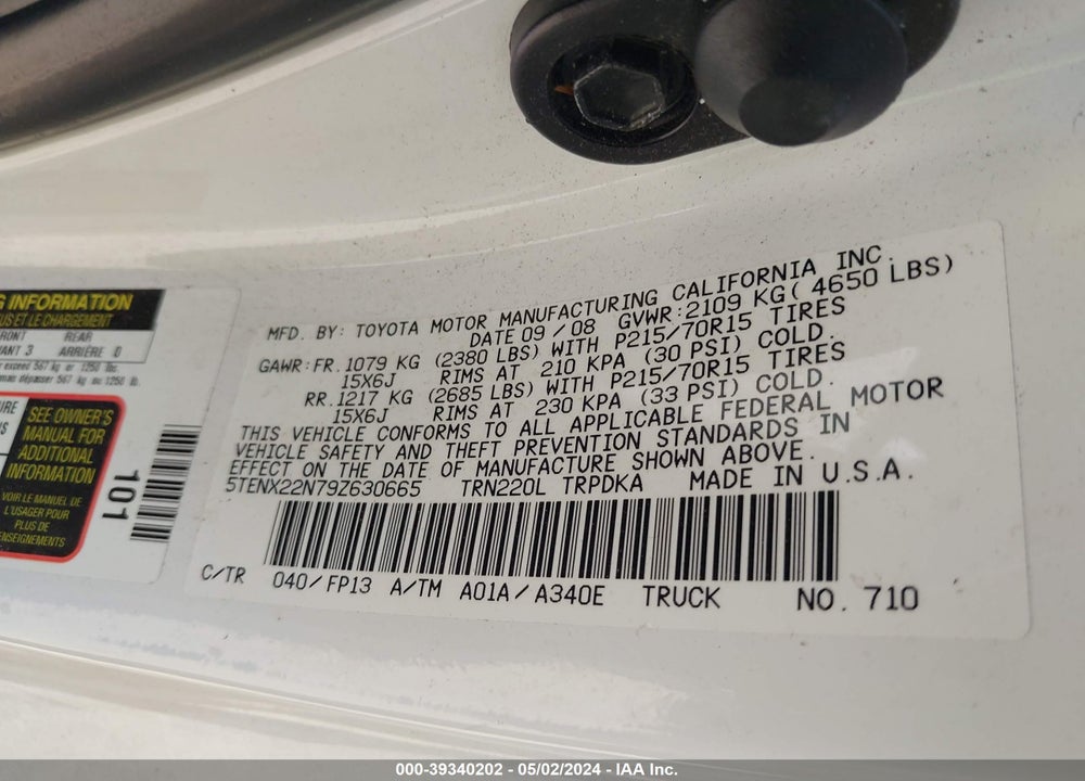 2009 TOYOTA TACOMA VIN: 5TENX22N79Z630665