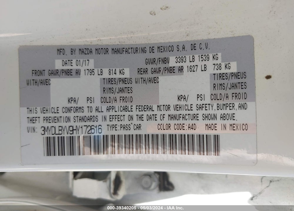 2017 TOYOTA YARIS IA VIN: 3MYDLBYV9HY172616