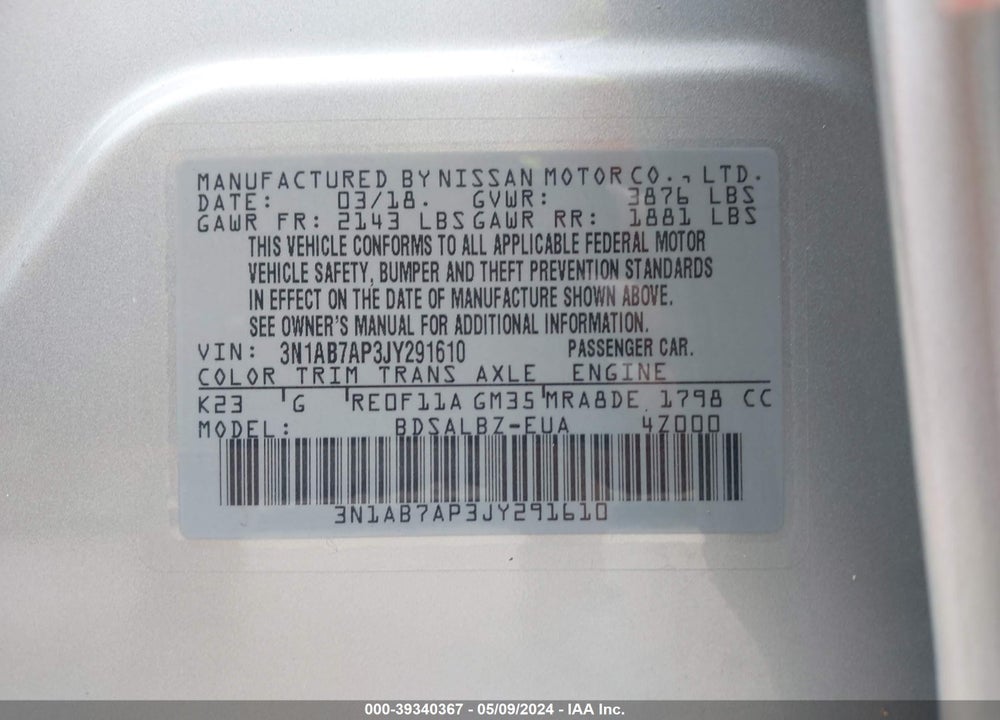 2018 NISSAN SENTRA S VIN: 3N1AB7AP3JY291610