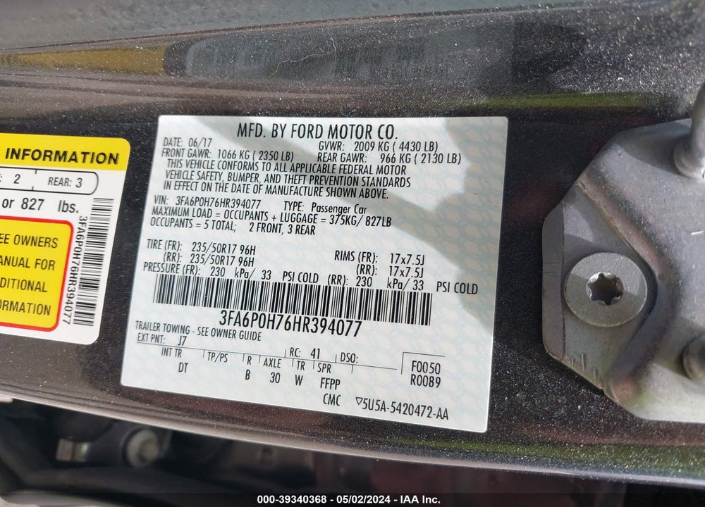 2017 FORD FUSION SE VIN: 3FA6P0H76HR394077