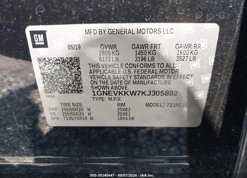 2019 CHEVROLET TRAVERSE PREMIER VIN: 1GNEVKKW7KJ305892