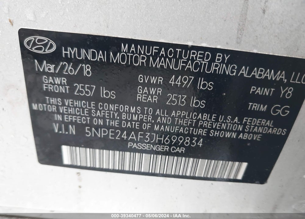2018 HYUNDAI SONATA VIN: 5NPE24AF3JH699834