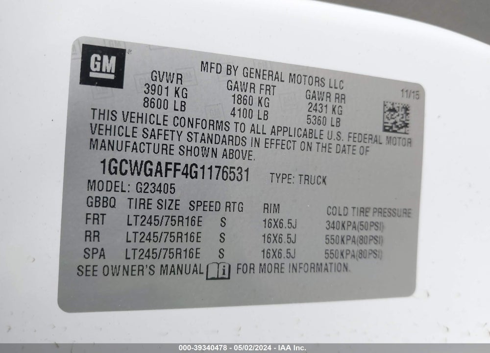 2016 CHEVROLET EXPRESS 2500 WORK VAN VIN: 1GCWGAFF4G1176531