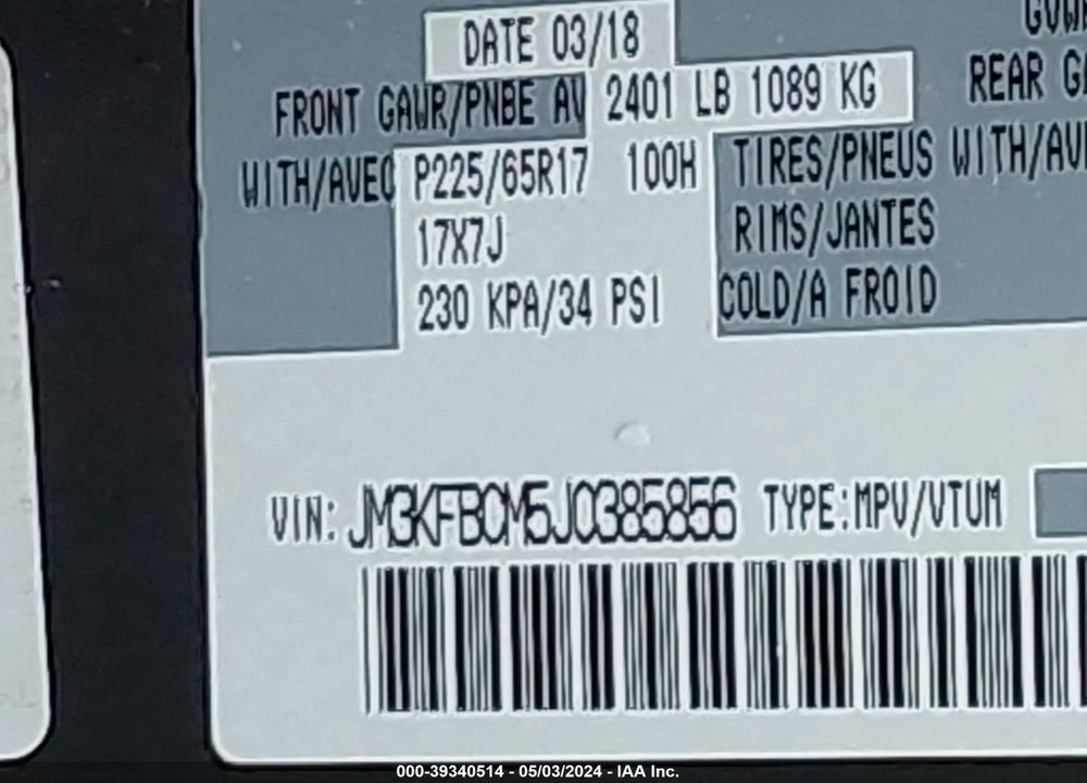 2018 MAZDA CX-5 TOURING VIN: JM3KFBCM5J0385856
