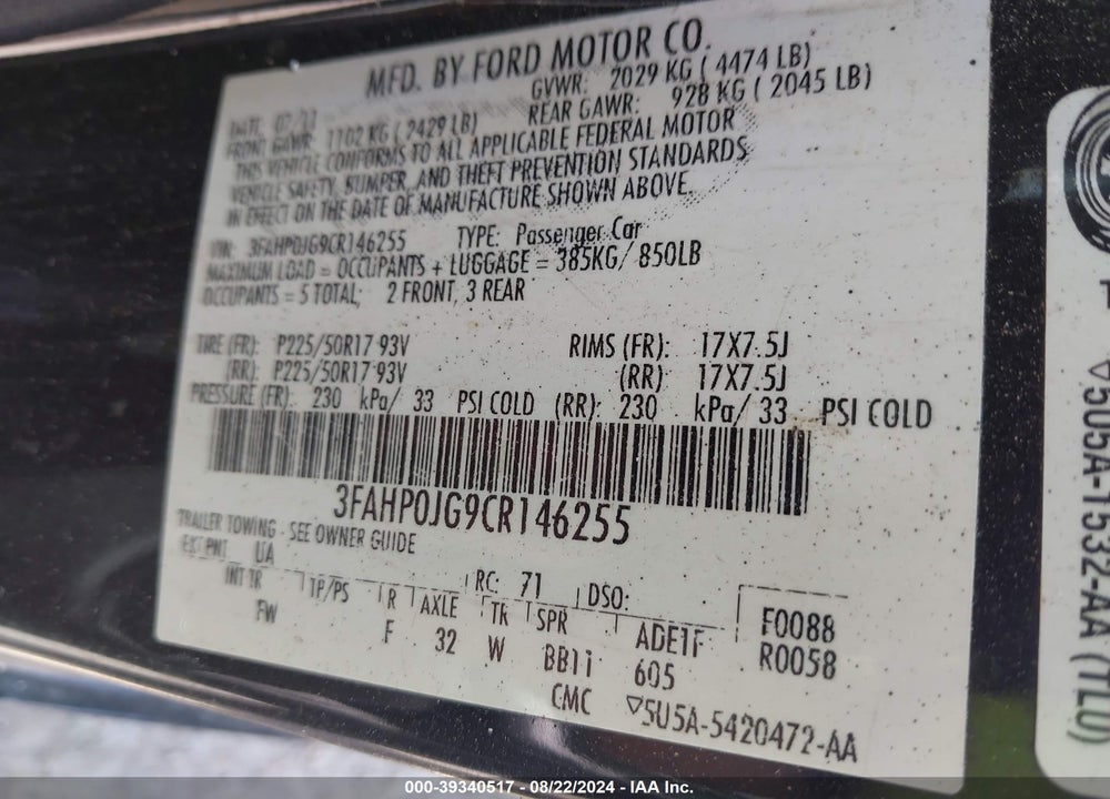2012 FORD FUSION SEL VIN: 3FAHP0JG9CR146255